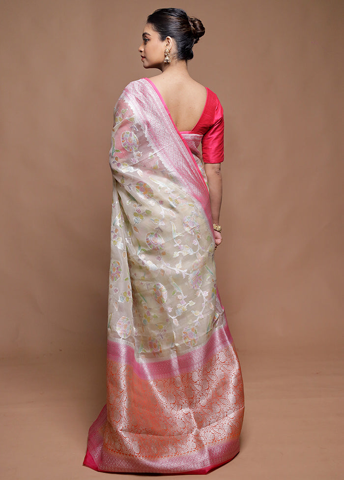 Cream Handloom Pure Organza Saree With Blouse Piece